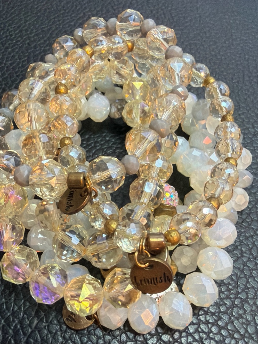 Erimish Bracelet Lot of 7 Glass Faceted Opalescent Pink Stretch Round Stack 7"